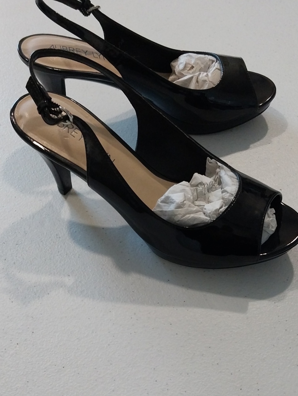 Aubrey Lynn Black Patent Peep-Toe Slingback Heels